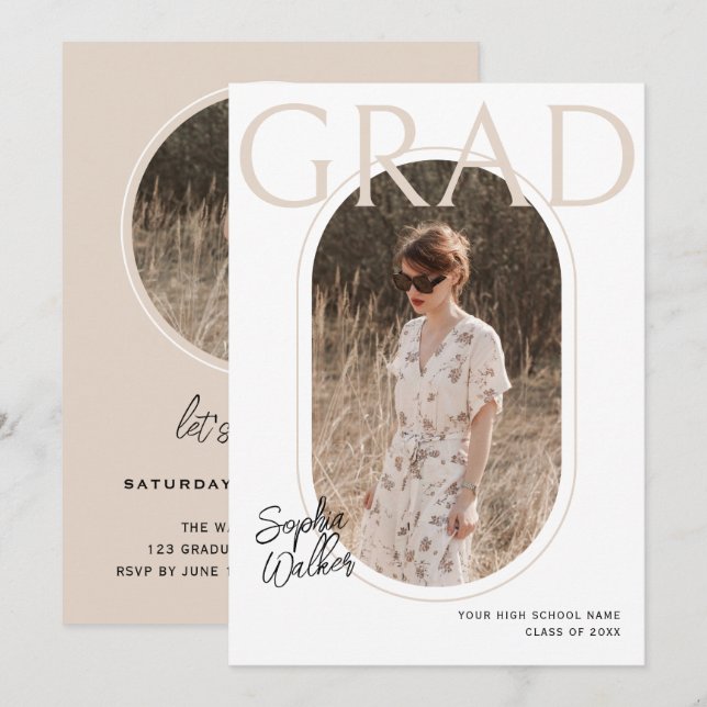 Modern Minimal Skript Foto Examen Fest Beige Inbjudningar (Fram/baksida)