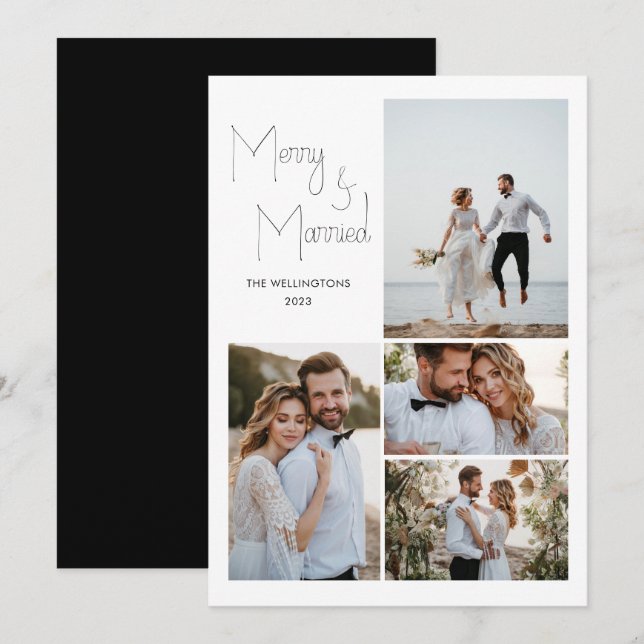 Modern Minimal Skript Mångfaldig Foto Bröllop Julkort (Fram/baksida)