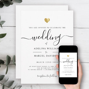 Modern minimal skript Monogram Guld Heart Bröllop Inbjudningar