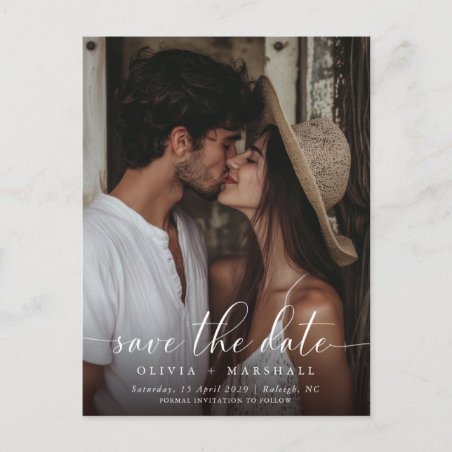 Modern Minimal skriptfotoenkel Bröllop Meddelande Vykort (Framsida)