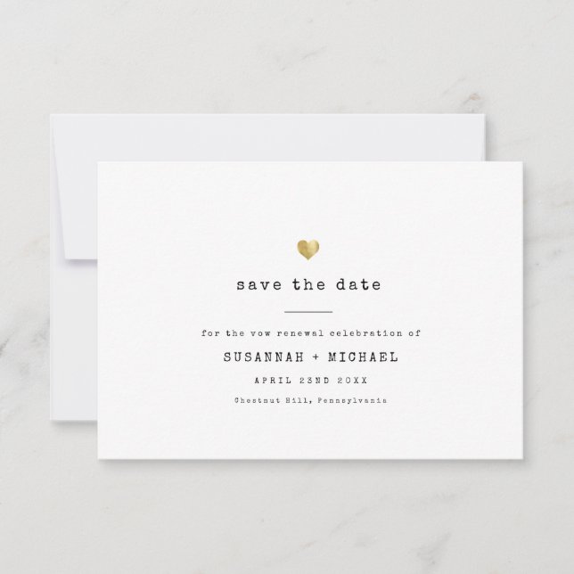 Modern minimal skrivmaskin Guld Heart Vow Renewal Spara Datumet (Framsida)