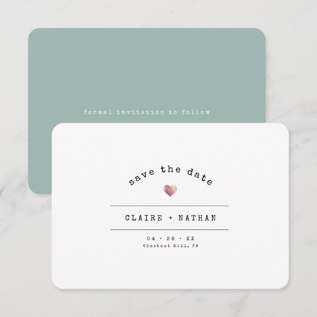 Modern Minimal skrivmaskin Rose Guld Bröllop Grön Spara Datumet (Fram/baksida)