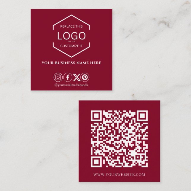 Modern Minimal Social Media QR-kodburgundy Fyrkantigt Visitkort (Fram/baksida)