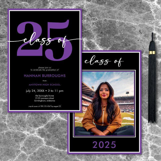 Modern minimal Studentfest för Lila av skript Inbjudningar (Modern Minimal Purple Script Graduation Party Invitation)