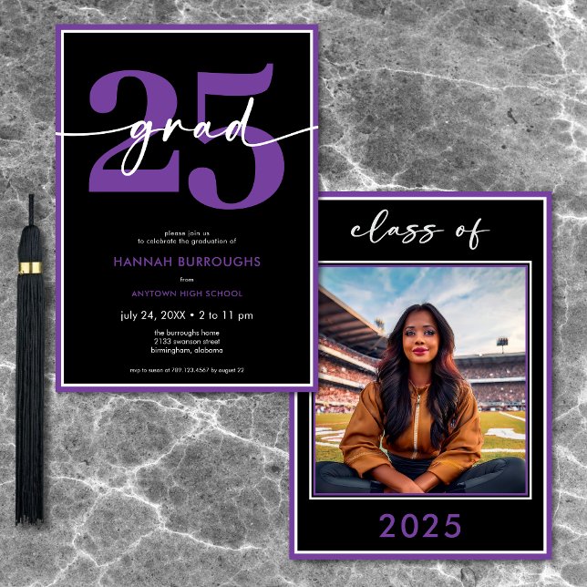 Modern minimal Studentfest för Lila av skript Inbjudningar (Modern Minimal Purple Script Graduation Party Invitation)