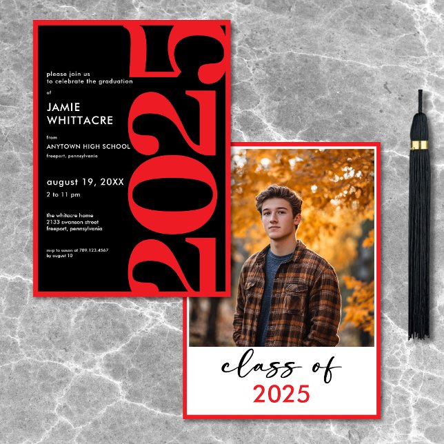 Modern minimal Studentfest för röd typografi Inbjudningar (Modern Minimal Red Typography Graduation Party Invitation)