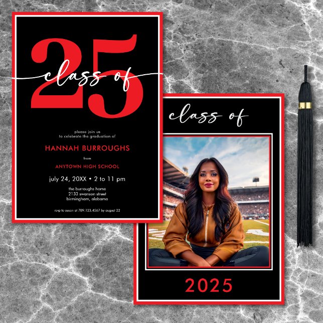 Modern minimal Studentfest för rött skript Inbjudningar (Modern Minimal Red Script Graduation Party Invitation)