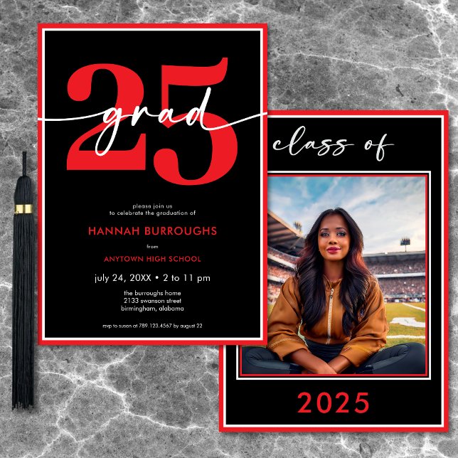 Modern minimal Studentfest för rött skript Inbjudningar (Modern Minimal Red Script Graduation Party Invitation)