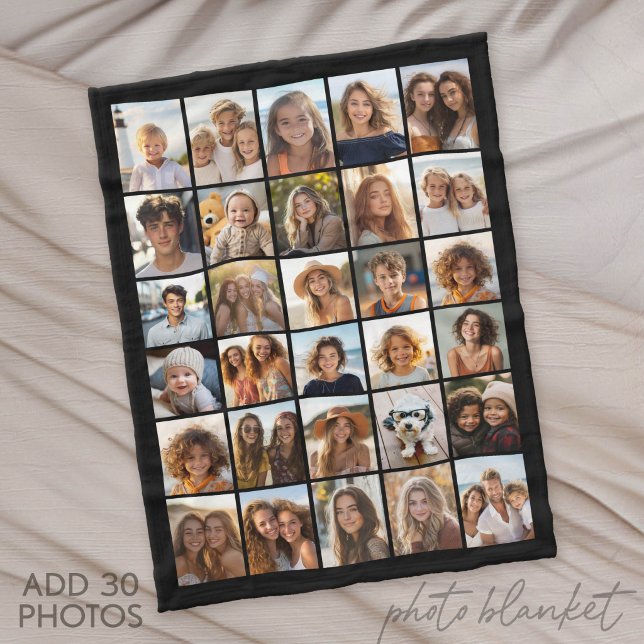 Modern Minimal Svart 30 Fotokollage Fleecefilt (Custom Fleece Blanket with Photo Collage for Family and Friends)