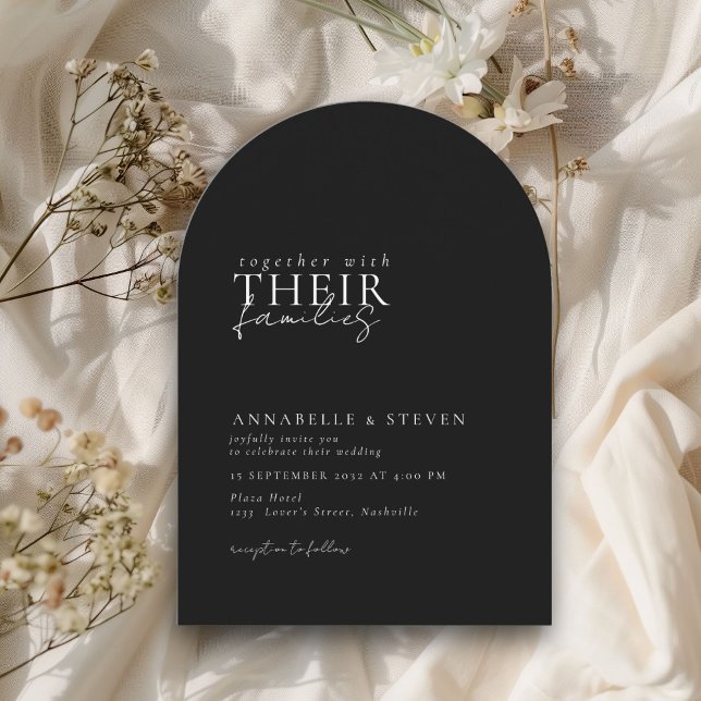 Modern, minimal, svart, Bröllop Inbjudningar (Modern, Minimal, Black, Arch Wedding Invitation)