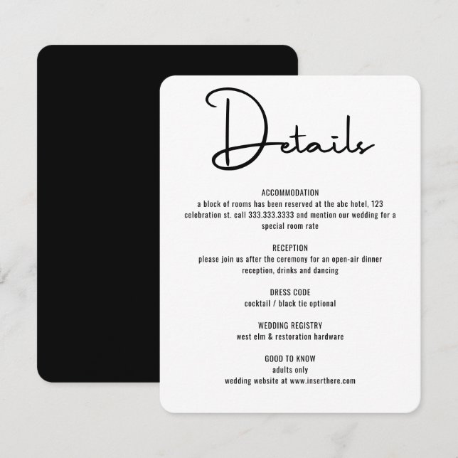 Modern minimal svart kalligrafi, skript Bröllop Tilläggskort (Fram/baksida)
