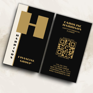 Modern minimal svart monogram-Lodrät QR-kod Visitkort