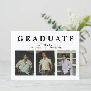 Modern minimal svart och vit 3-foto Studenten Inbjudningar