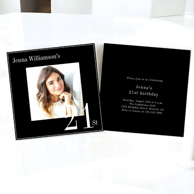 Modern, minimal svart och vit bild, 21:a födelseda inbjudningar (modern simple minimalistic 21st birthday invitation , fully editable and downloadable)