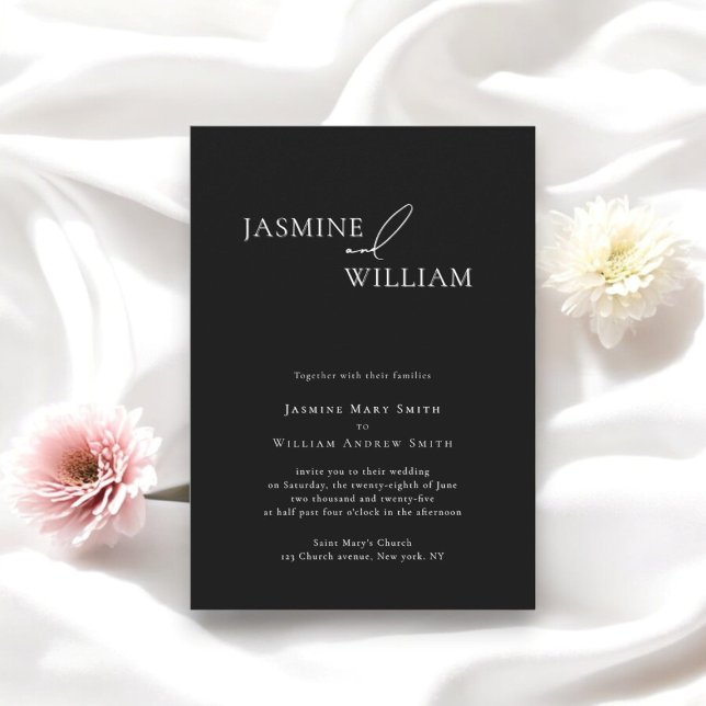 Modern minimal svart och vit Bröllop Inbjudningar (wedding invitation designed by willows weddings , this invite comes in many text formations in store)