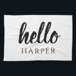 Modern minimal svart och vit Hej och du Namn Kökshandduk<br><div class="desc">Modern minimal svart och vit Hej och du Namn</div>