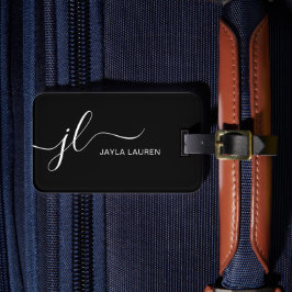 Modern Minimal, svart och vit monogram-skript Bagagebricka