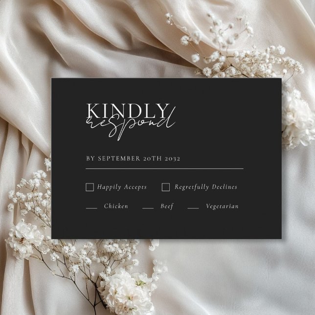 Modern, minimal, svart, QR-Bröllop OSA Tilläggskort (Modern, Minimal, Black, QR Code Wedding RSVP Enclosure Card with meal choice.)