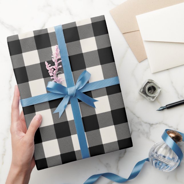 Modern Minimal Svart Vit Gingham Rutigt Mönster Presentpapper (Gifting)