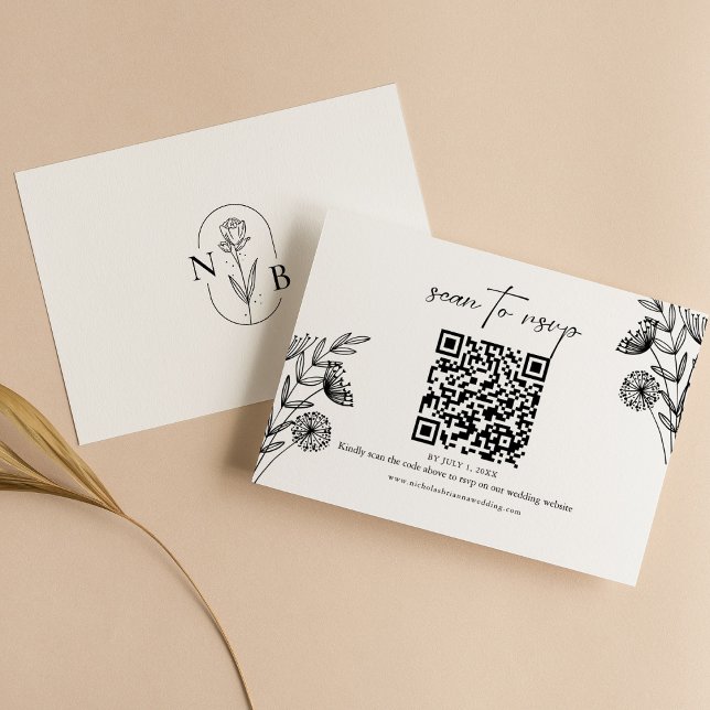 Modern minimal svartvit Blommigt Bröllop QR-kod OSA Kort (Skapare uppladdad)