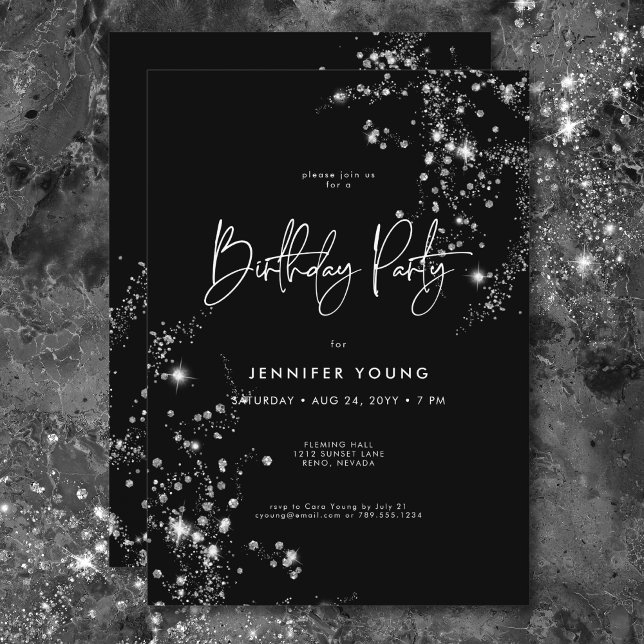 Modern Minimal svartvit glasfiber från dagtid Inbjudningar (Modern Minimal Black White Glam Diamonds Birthday Invitation)