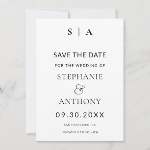 Modern Minimal svartvit monogram Bröllop Spara Datumet