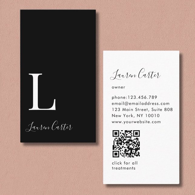 Modern minimal svartvit monogram QR-kod Visitkort (Modern Minimal Monogram Black QR Code Business Card)