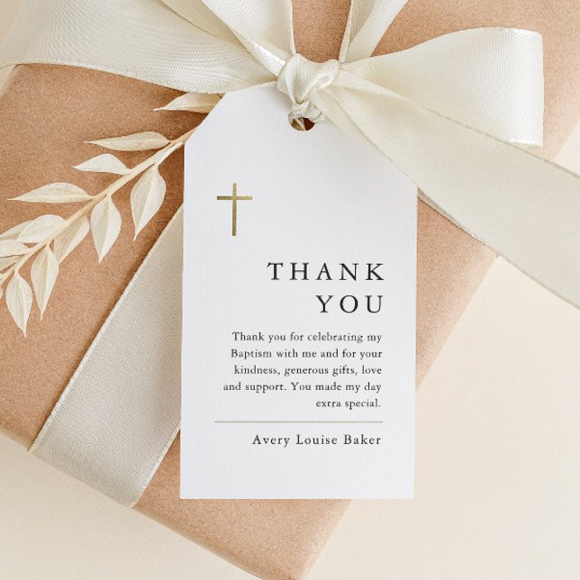 Modern minimal Tack för Guld Kor-baptism Presentetikett (Modern baptism thank you favor tag with minimal typography and simple gold cross.)