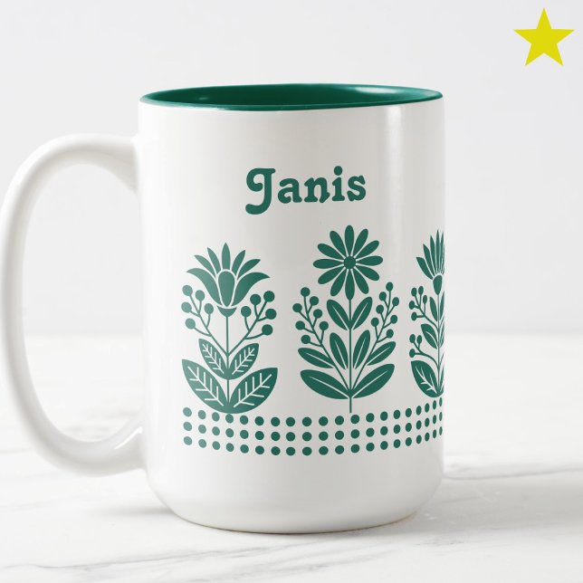 Modern Minimal Teal Folk Art Flowers Custom Name Två-Tonad Mugg (Skapare uppladdad)