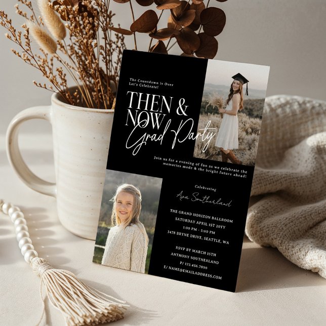 Modern Minimal then & Now Studentfest Foton Inbjudningar (Modern Minimal Then & Now Graduation Party Photos Black Invitation)