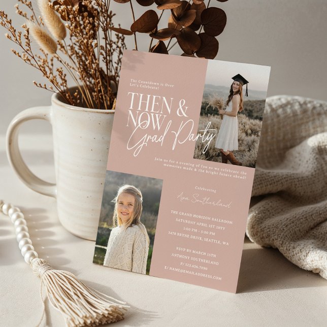 Modern Minimal then & Now Studentfest Foton Inbjudningar (Modern Minimal Then & Now Graduation Party Photos Pink Invitation)