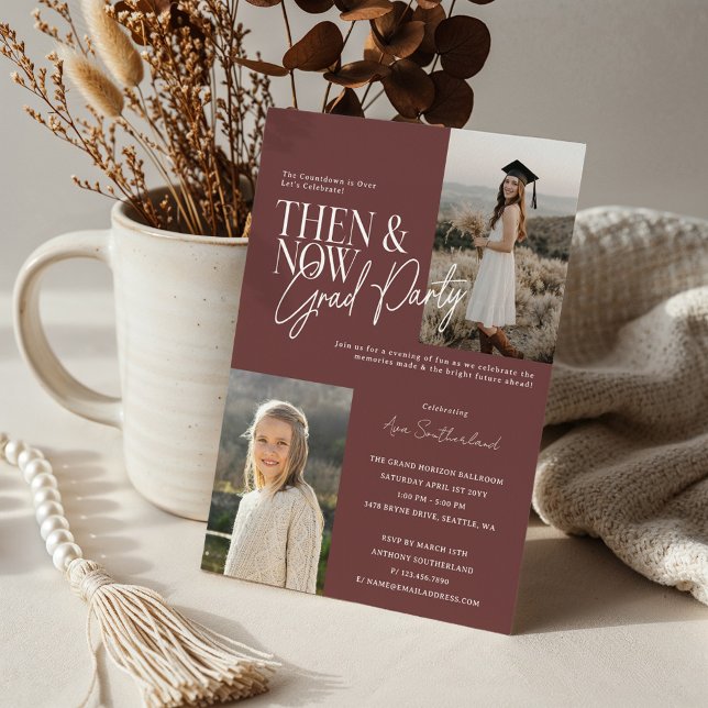 Modern Minimal then & Now Studentfest Foton Inbjudningar (Modern Minimal Then & Now Graduation Party Photos Burgundy Invitation)
