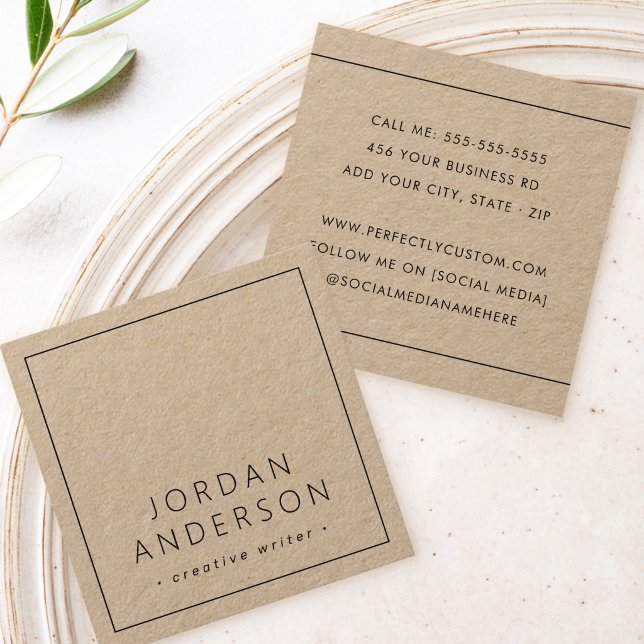 Modern minimal tunn gräns brun Kraft papper Fyrkantigt Visitkort (Modern minimal thin borders brown Kraft paper Square Business Card)