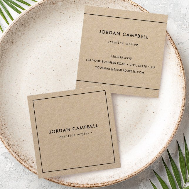 Modern minimal tunn svart kant Kraftpapper Fyrkantigt Visitkort (Modern minimal thin black border Kraft paper Square Business Card)