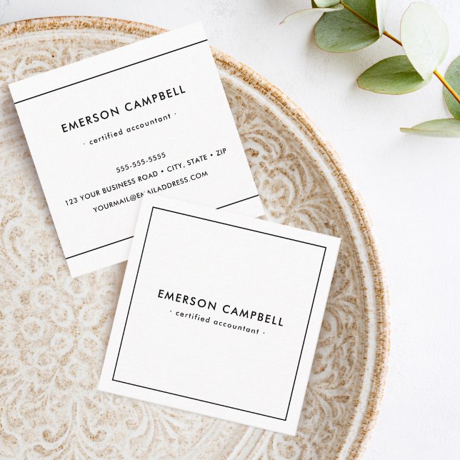 Modern minimal tunn svart kant vit fyrkantigt visitkort (Modern minimal thin black border white square business card)