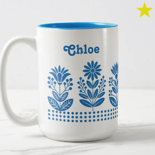 Modern Minimal Turkos Folk Art Blommor Namn Två-Tonad Mugg