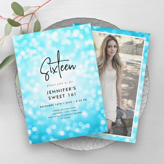 Modern Minimal turkos Ljus Photo Sweet 16 Inbjudningar (Modern Minimal Turquoise Lights Photo Sweet 16 Invitation)