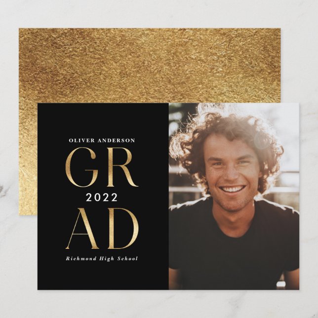 Modern minimal typografi fotoexamen guld i inbjudningar (Fram/baksida)