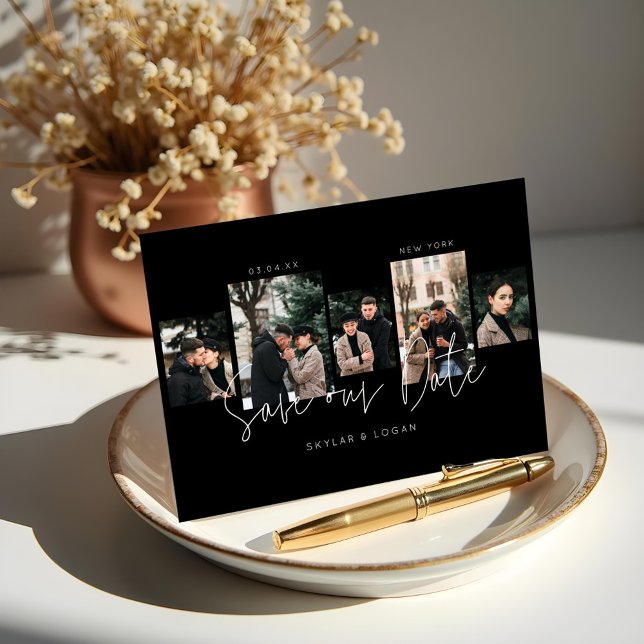 Modern minimal typografisk fotokollage svart spara datumet (Modern Minimal Typographic Photo Collage Black Save The Date)