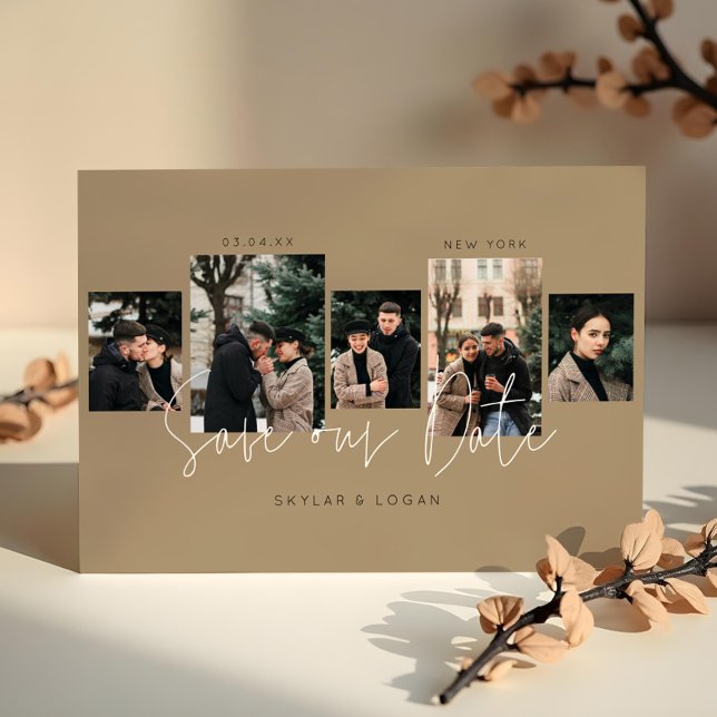 Modern minimal typografisk fotokollage Tan Spara Datumet (Modern Minimal Typographic Photo Collage Tan Save The Date)