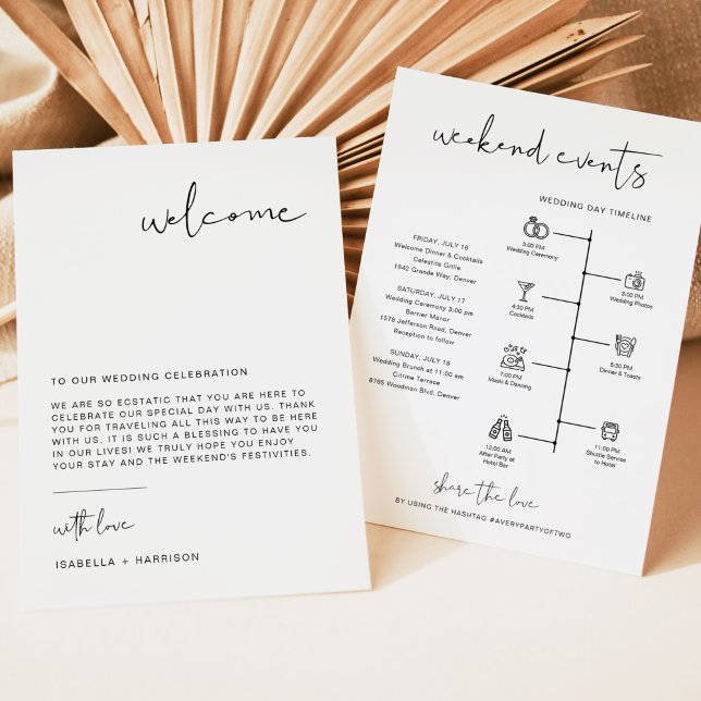 Modern Minimal Välkomstbrev Tidslinjekort Inbjudningar (Modern minimalist wedding welcome letter with schedule and icon timeline backside.)
