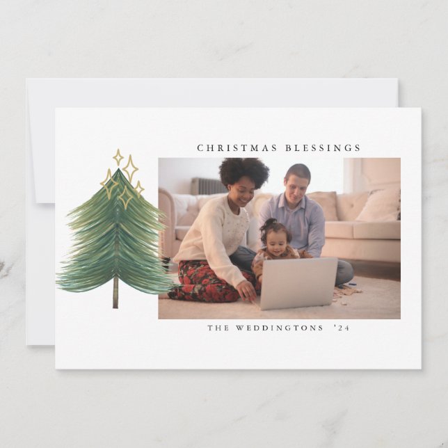 Modern minimal vattenfärgsfoto i Julgran Julkort (Framsida)