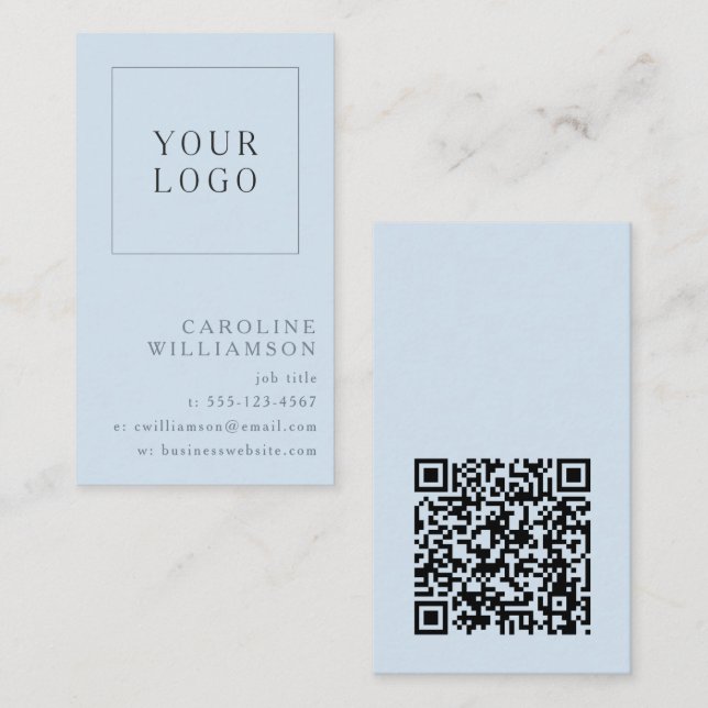 Modern Minimal Vertical Logo QR Code Soft Blue Visitkort (Fram/baksida)