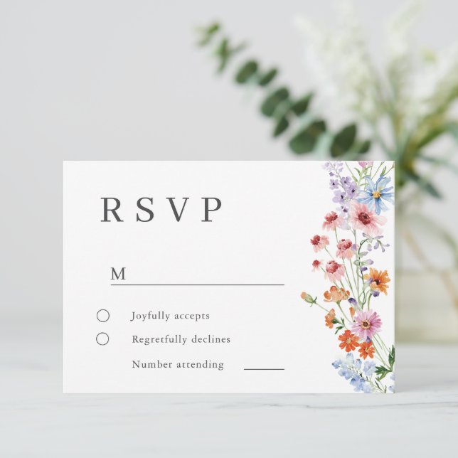 Modern Minimal Vilda Blommor Bröllop Svarskort Inbjudningar (Stående Fram)
