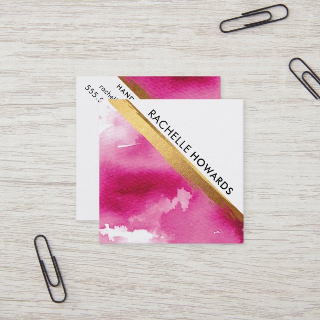 MODERN MINIMAL VINKEL rosa vattenfärgspensel guld Fyrkantigt Visitkort (Fram/Back In Situ)