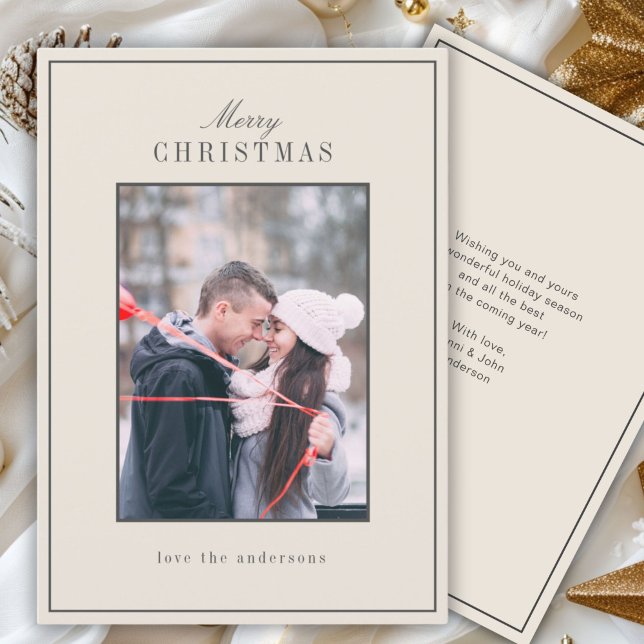 Modern Minimal Vinter Foto Semestkort Julkort (Simple "Merry Christmas Card" beige, gray, script font.)