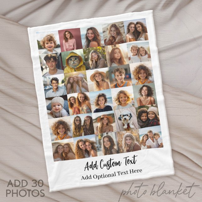 Modern Minimal Vit 30 Fotokollage Fleecefilt (Custom Fleece Blanket with Photo Collage for Family and Friends)