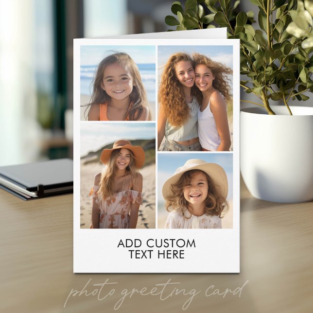 Modern Minimal Vit 4 Foto Collage - med Text Kort (Photo Greeting Card)
