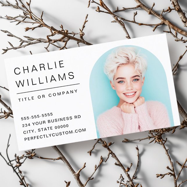Modern minimal vit bild ram visitkort (Modern minimal white arch photo frame business card)