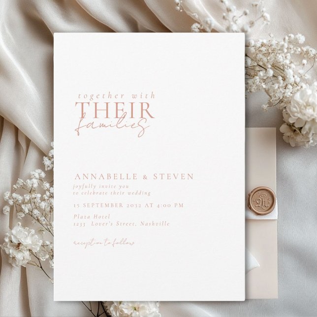 Modern, minimal, vit, Bröllop Inbjudningar (Modern, minimal, elegant, handwriting font, white + copper Wedding Invitation.)